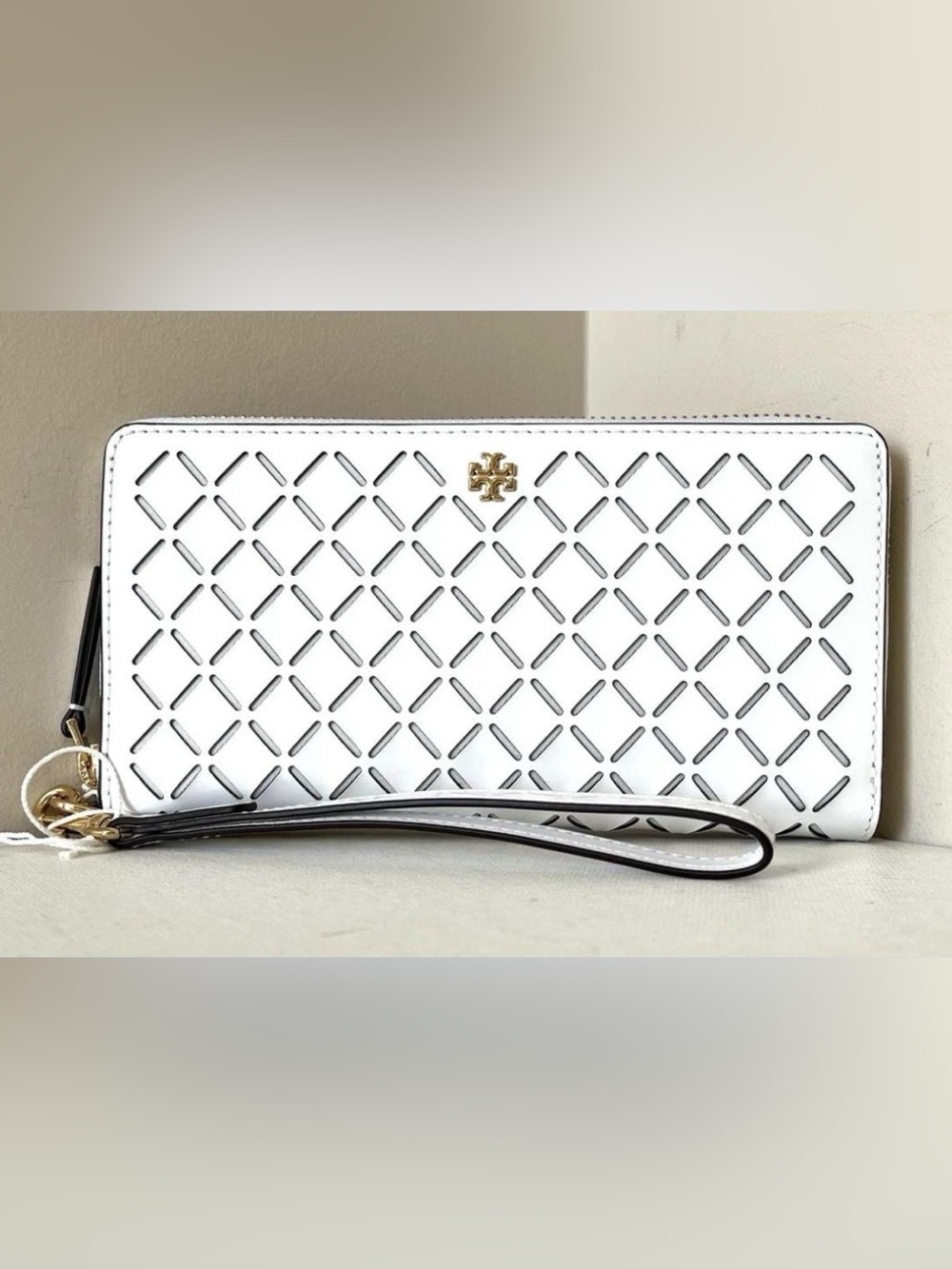 Tory Burch White Perforated Zip wallet with Gold Logo